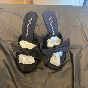 Nina Black Satin Slip on Heels with Bow! Goes with everything! Size 7.5.